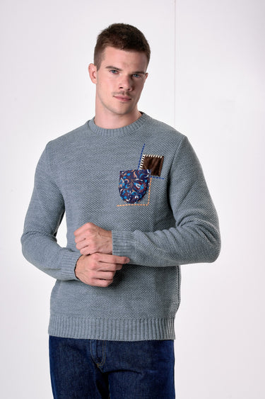 Maglione Girocollo occhio di pernice Grigio con Taschino Patchwork Ricamato con Tessuti V2