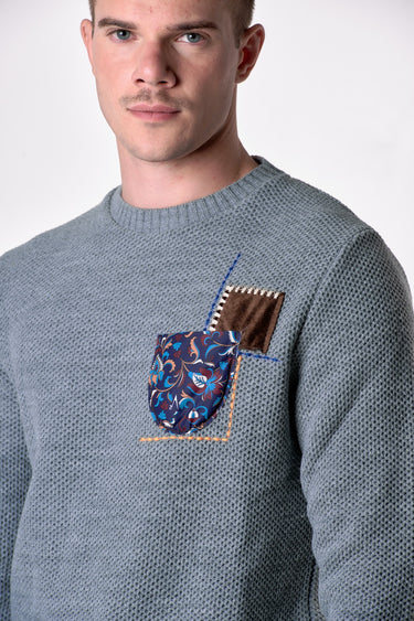 Maglione Girocollo occhio di pernice Grigio con Taschino Patchwork Ricamato con Tessuti V2
