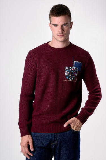 Maglione Girocollo occhio di pernice Bordeaux con Taschino Patchwork Ricamato con Tessuti V2