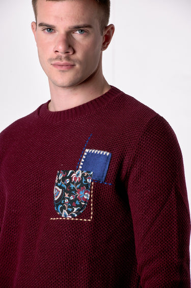Maglione Girocollo occhio di pernice Bordeaux con Taschino Patchwork Ricamato con Tessuti V2