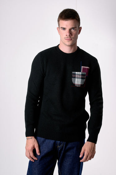 Maglione Girocollo occhio di pernice Nero con Taschino Patchwork Ricamato con Tessuti V2