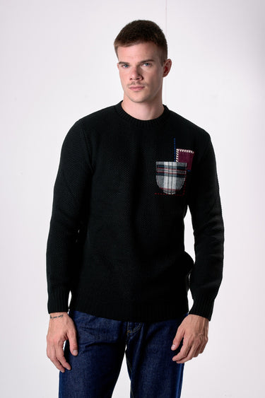 Maglione Girocollo occhio di pernice Nero con Taschino Patchwork Ricamato con Tessuti V2