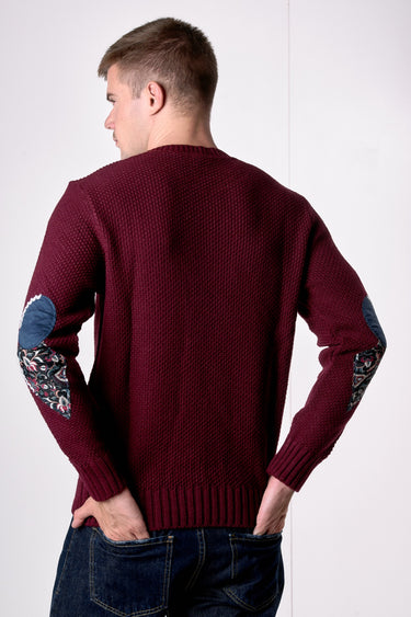 Burgundy Rice Stitch Crew Neck Sweater with Patchwork Embroidered Fabric Patches V2