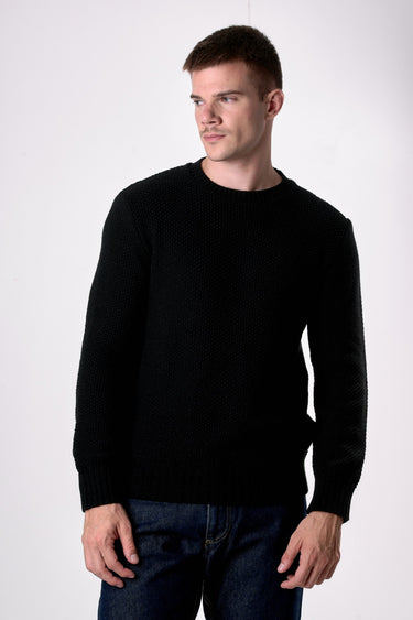 Black Rice Stitch Crew Neck Sweater with Embroidered Patchwork Patches with V2 Fabrics