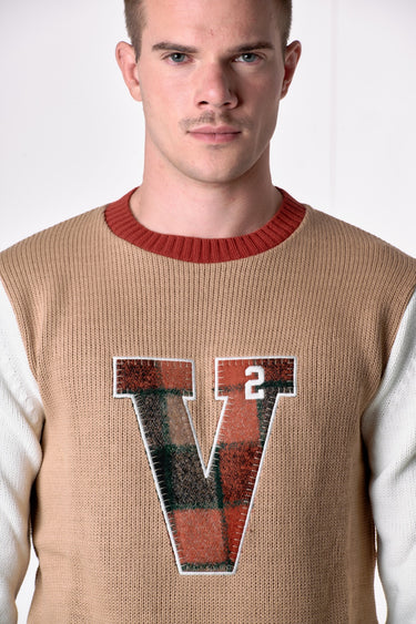 College Crew Neck Sweater with V and Embroidered Patches in V2 Fabric