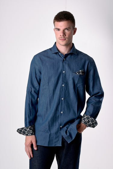 Camicia Jeans con pochette e dettagli in tessuto V2
