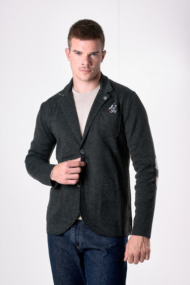Giacca Monopetto Grigio Antracite con interno collo, toppe e pochette in tessuto V2