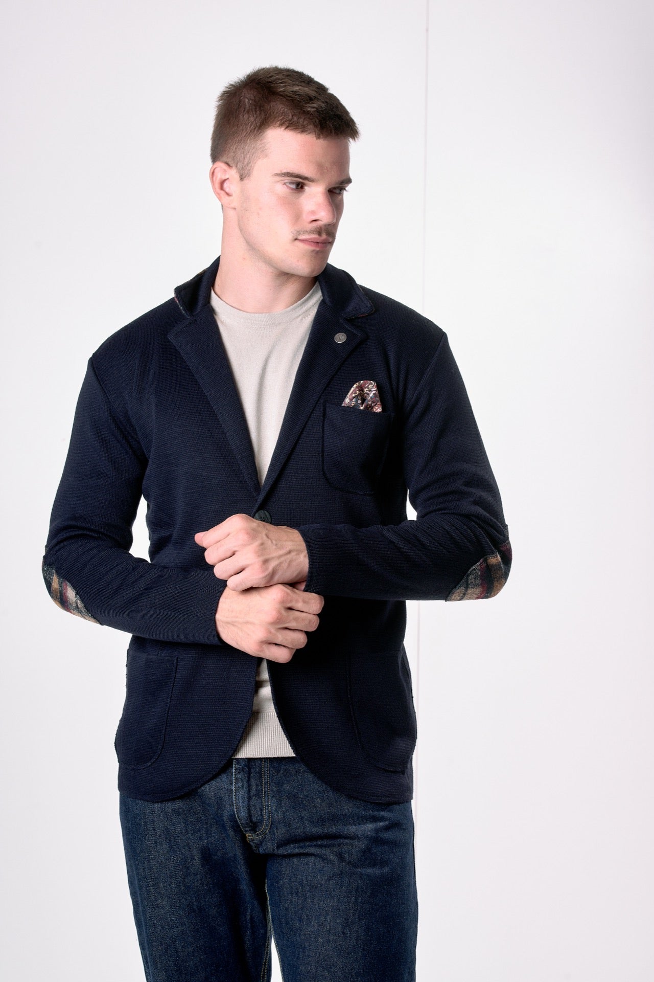 Giacca Monopetto Blu con interno collo, toppe e pochette in tessuto V2