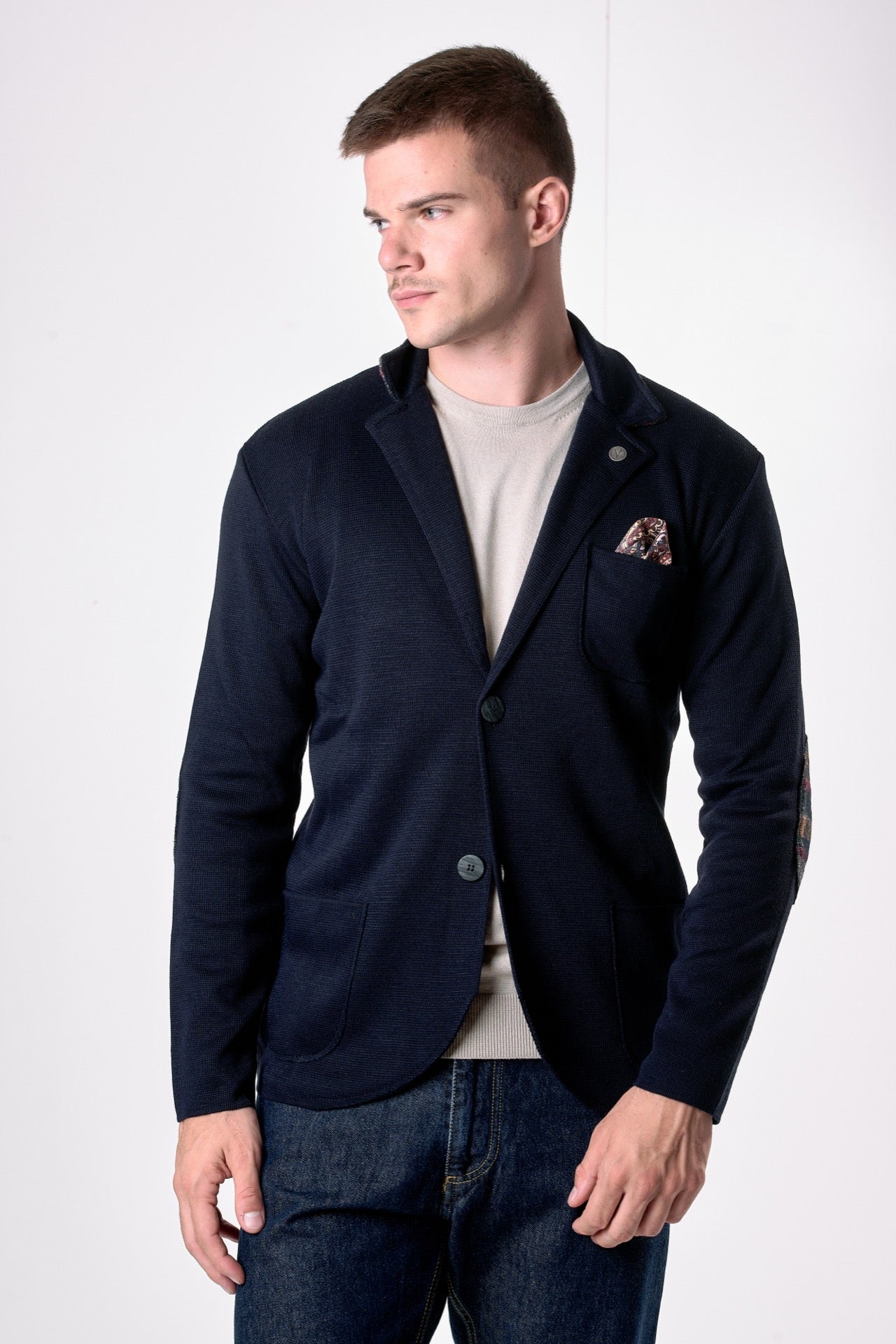 Giacca Monopetto Blu con interno collo, toppe e pochette in tessuto V2