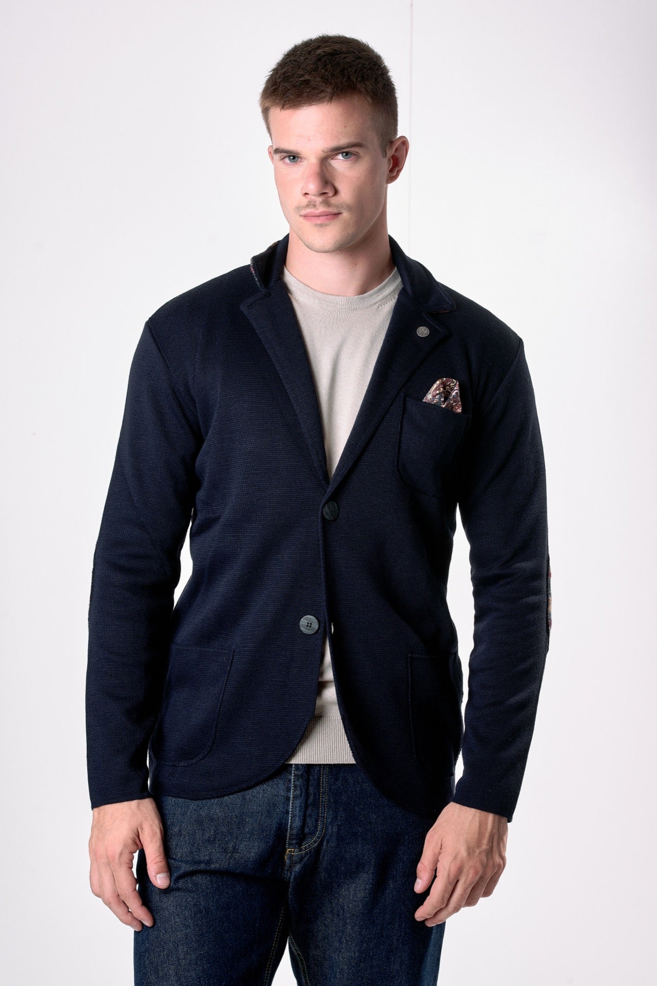 Giacca Monopetto Blu con interno collo, toppe e pochette in tessuto V2