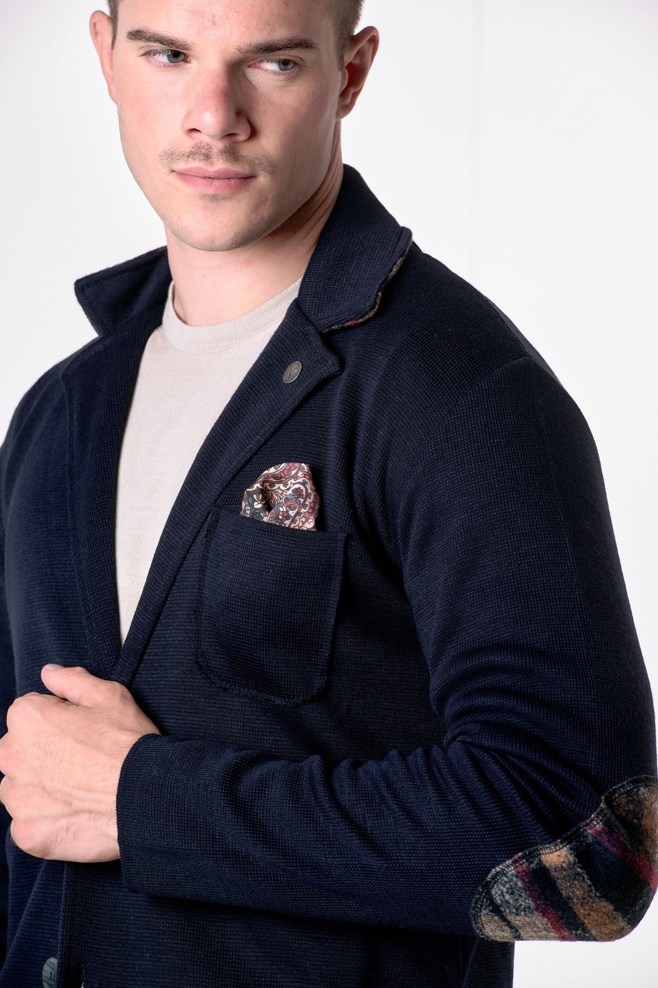 Giacca Monopetto Blu con interno collo, toppe e pochette in tessuto V2