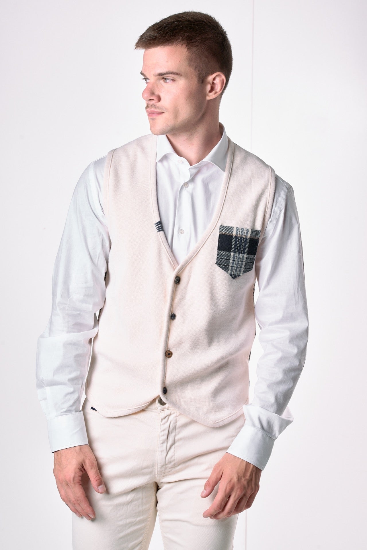 Gilet monopetto Burro con retro e taschino in tessuto V2