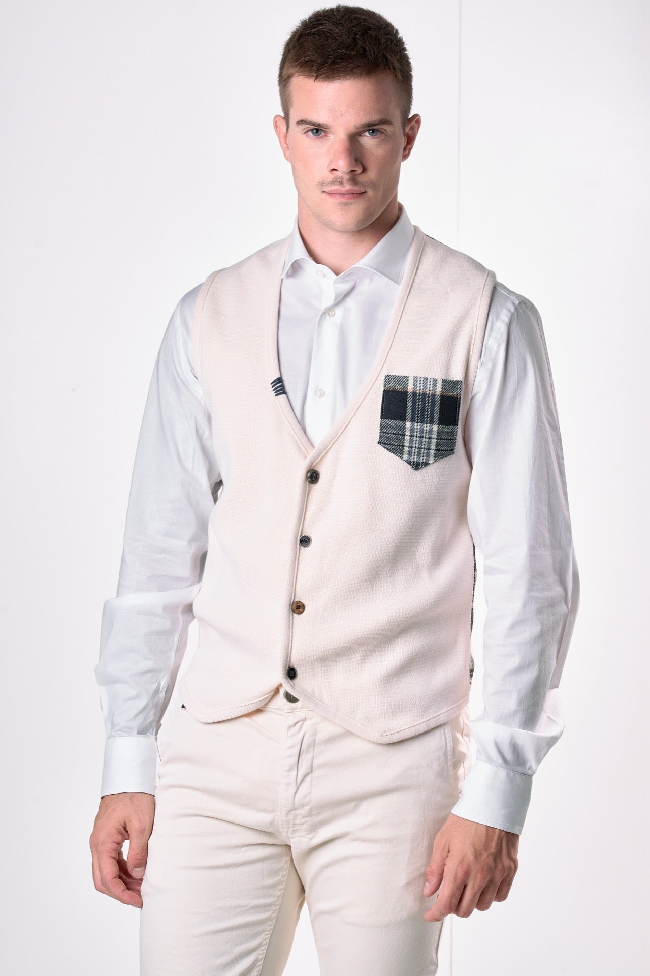 Gilet monopetto Burro con retro e taschino in tessuto V2