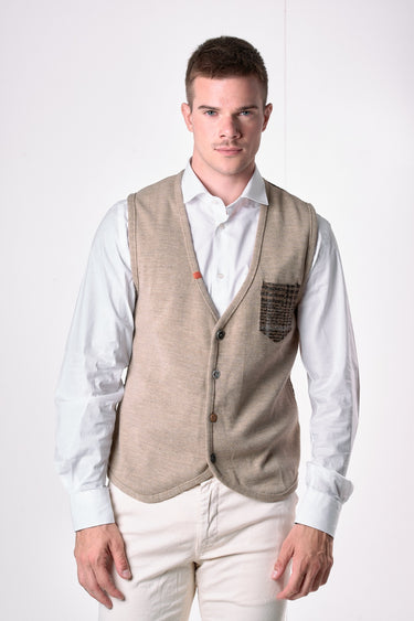 Gilet monopetto Tortora con retro e taschino in tessuto V2