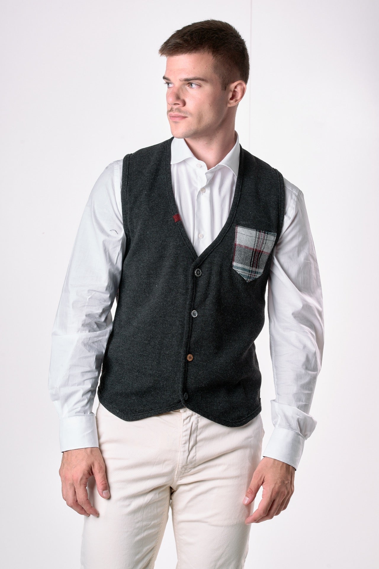 Gilet monopetto Grigio Antracite con retro e taschino in tessuto V2