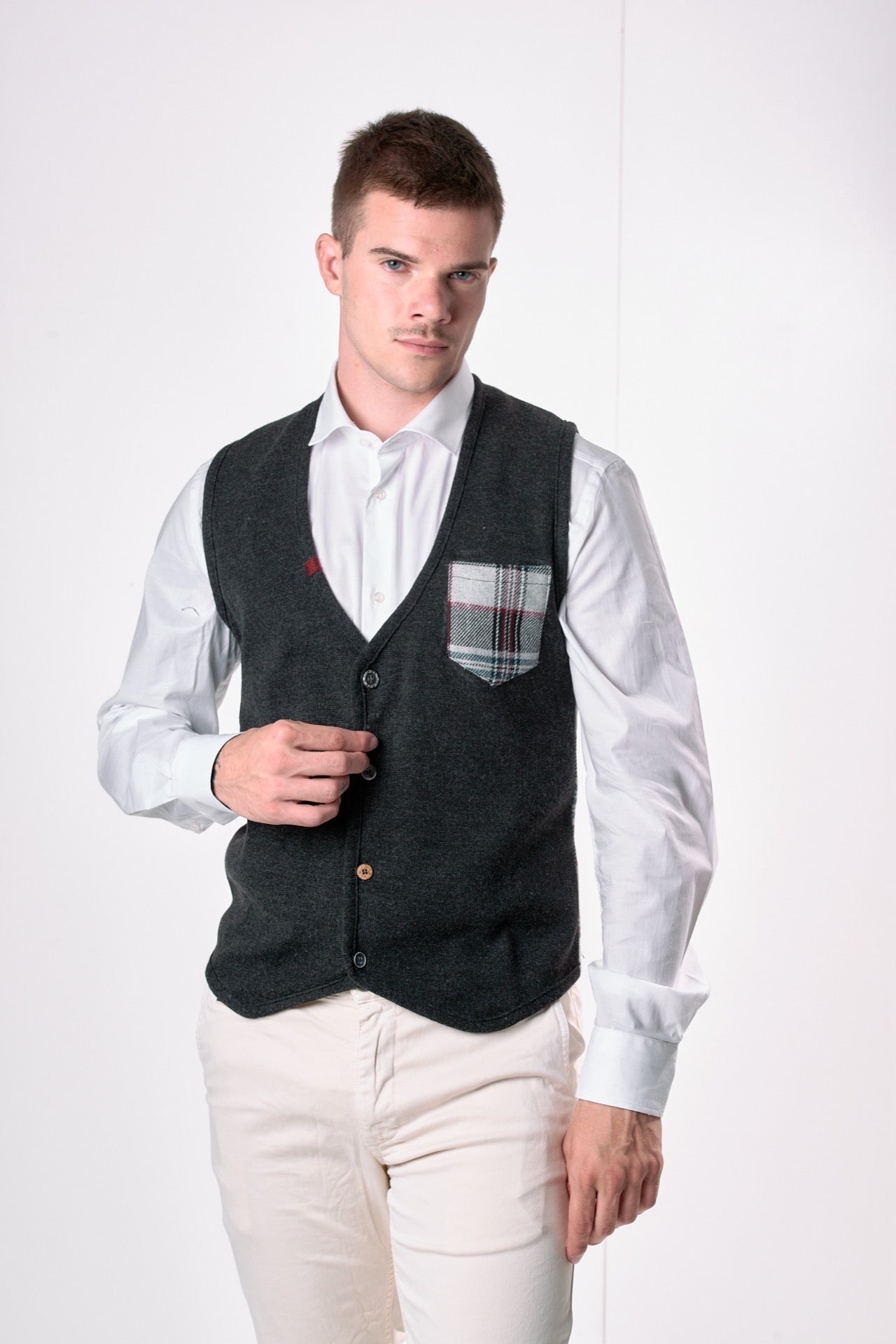 Gilet monopetto Grigio Antracite con retro e taschino in tessuto V2