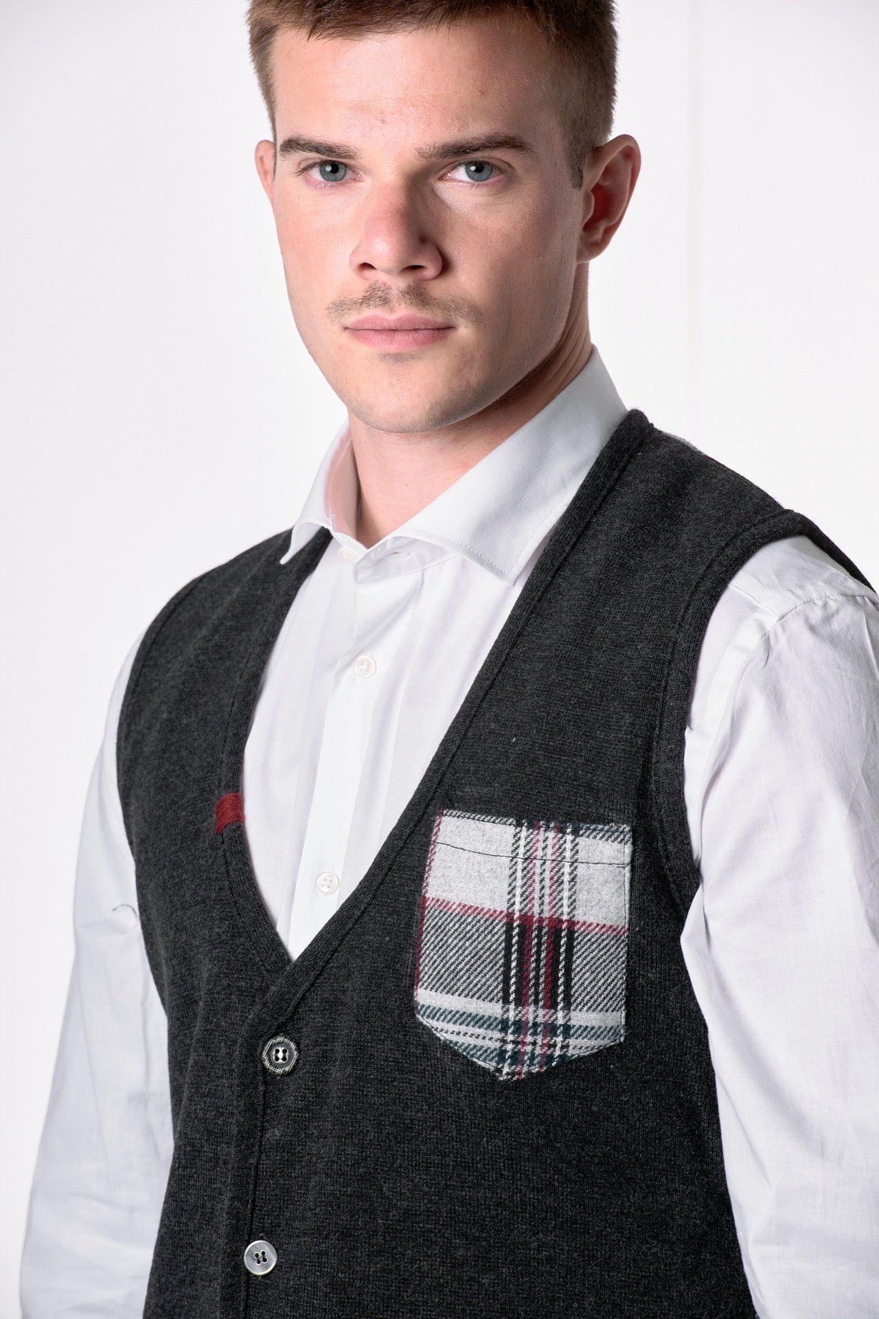 Gilet monopetto Grigio Antracite con retro e taschino in tessuto V2