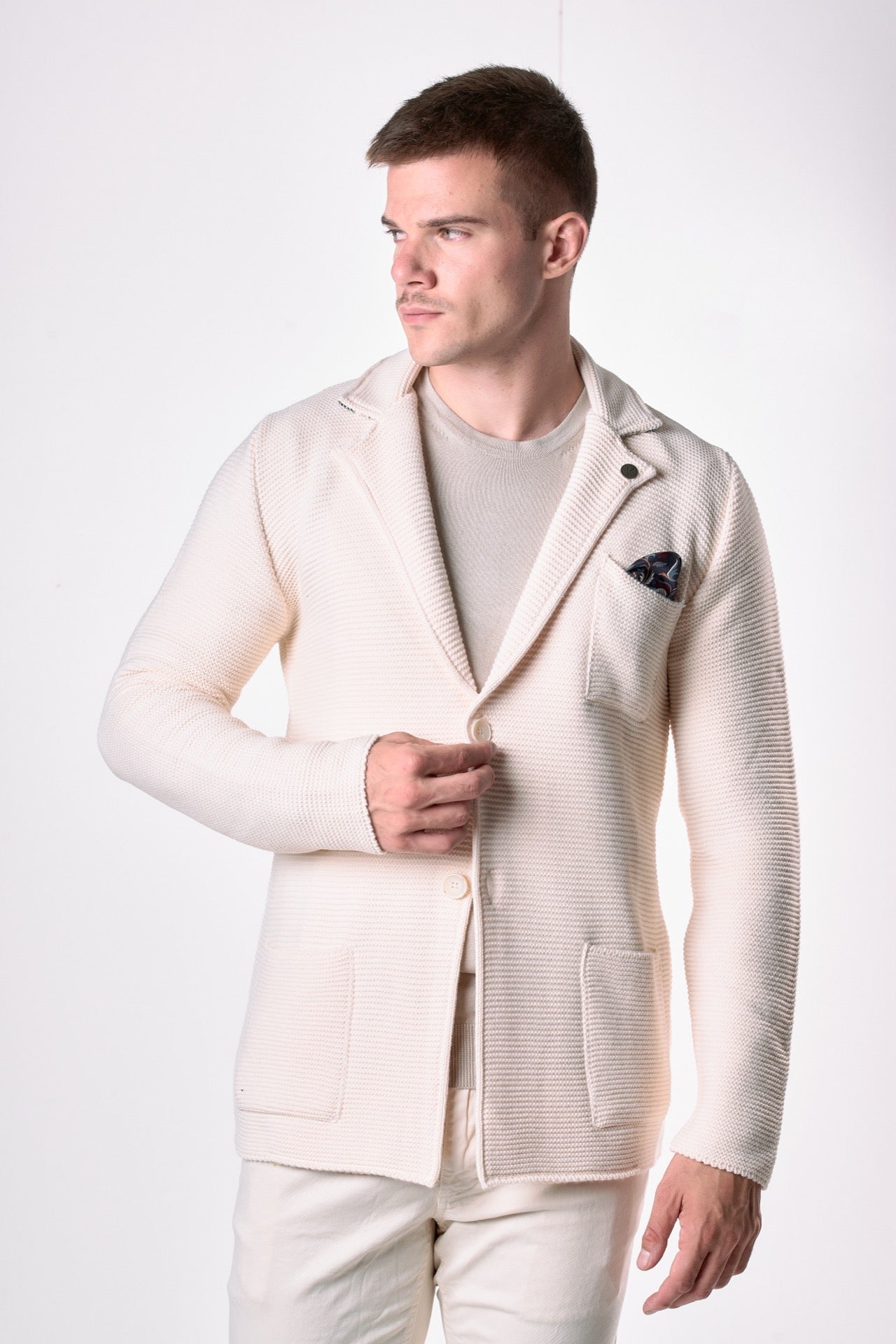 Giacca Monopetto Links Burro con interno collo e pochette in tessuto V2