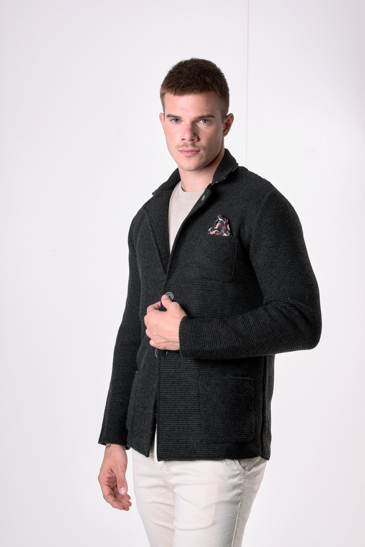 Giacca Monopetto Links Grigio Antracite con interno collo e pochette in tessuto V2