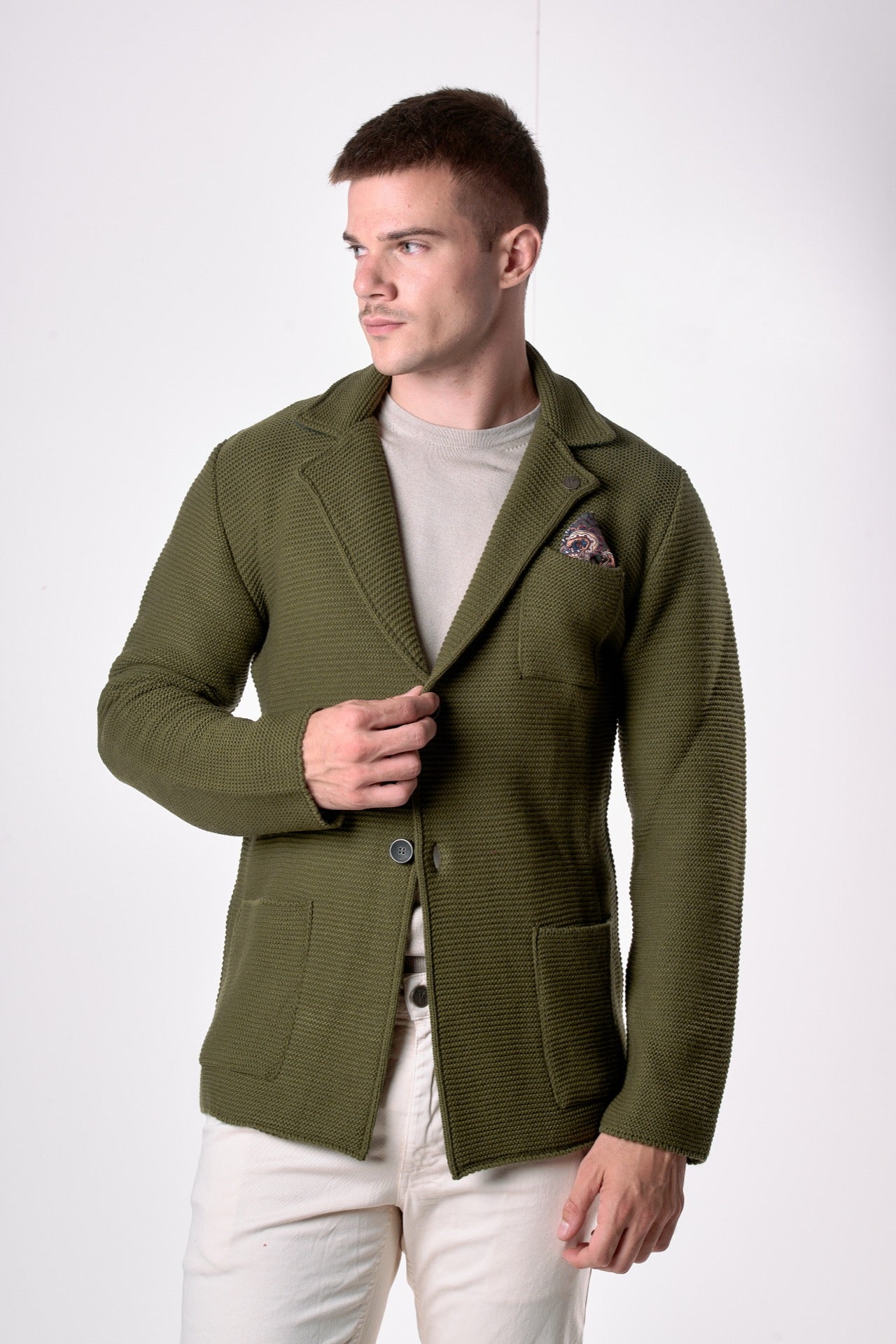 Giacca Monopetto Links Verde Militare con interno collo e pochette in tessuto V2