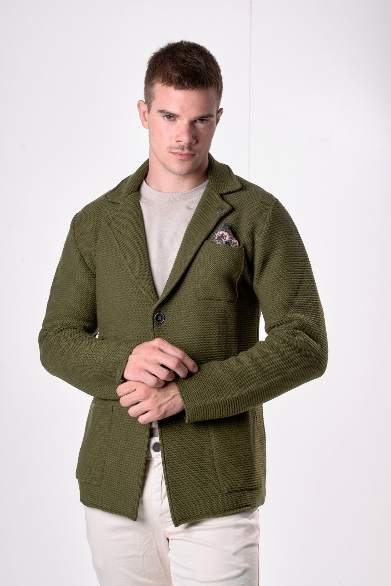 Giacca Monopetto Links Verde Militare con interno collo e pochette in tessuto V2