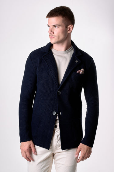 Giacca Monopetto Occhio di Pernice Blu con pochette in tessuto V2