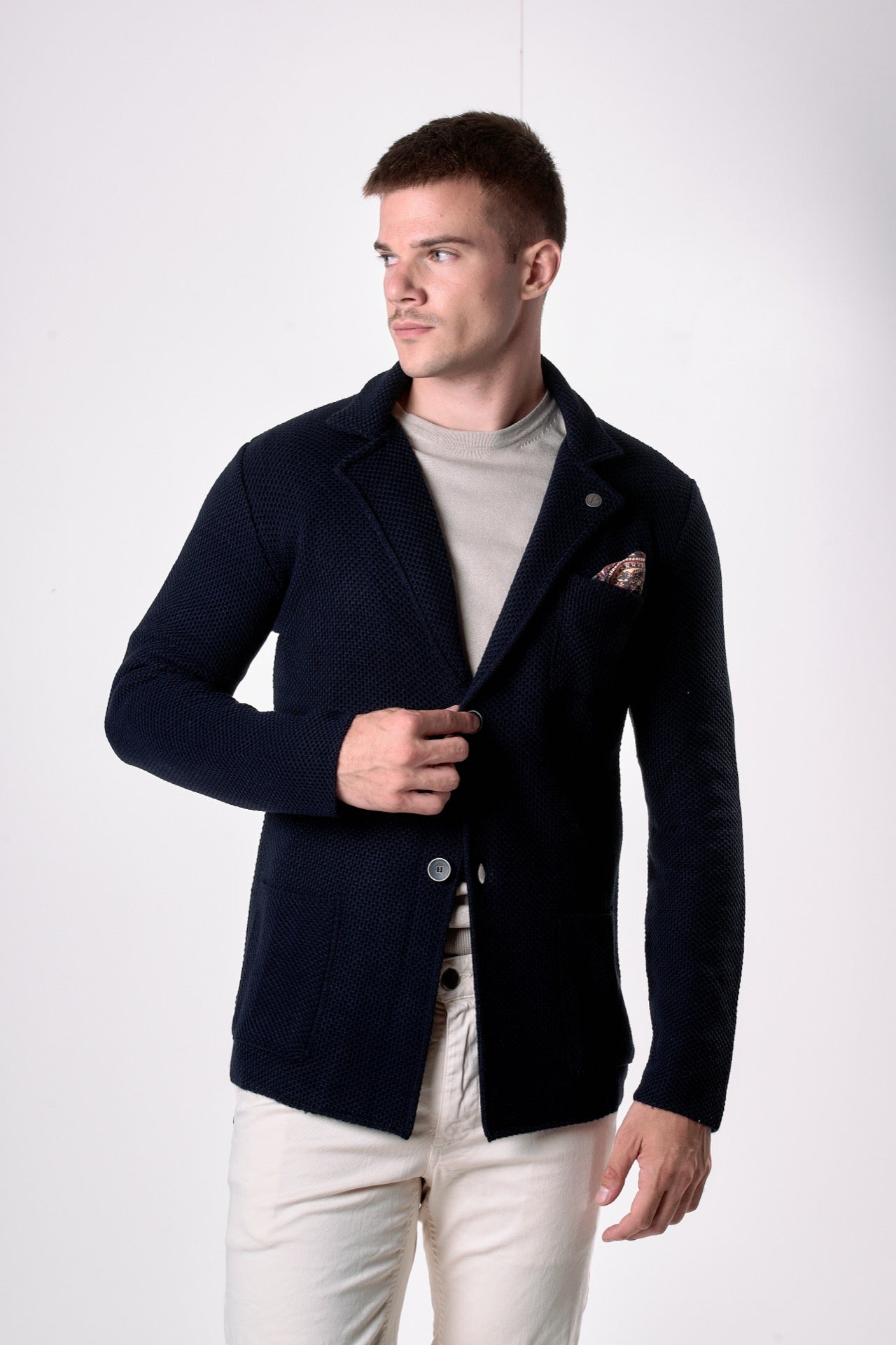 Giacca Monopetto Occhio di Pernice Blu con pochette in tessuto V2