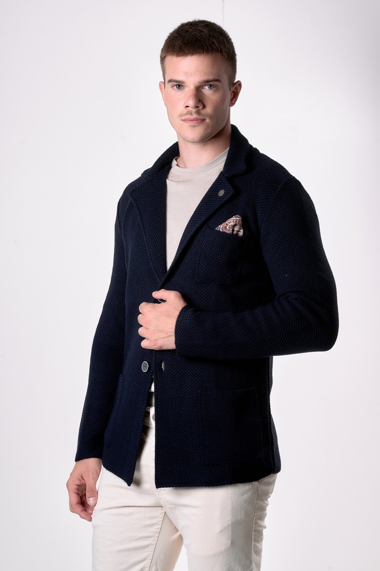 Giacca Monopetto Occhio di Pernice Blu con pochette in tessuto V2