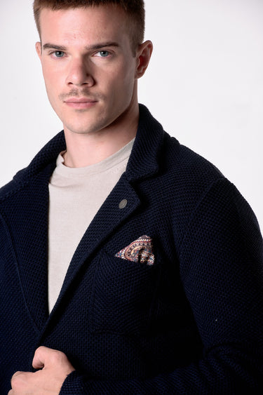 Giacca Monopetto Occhio di Pernice Blu con pochette in tessuto V2