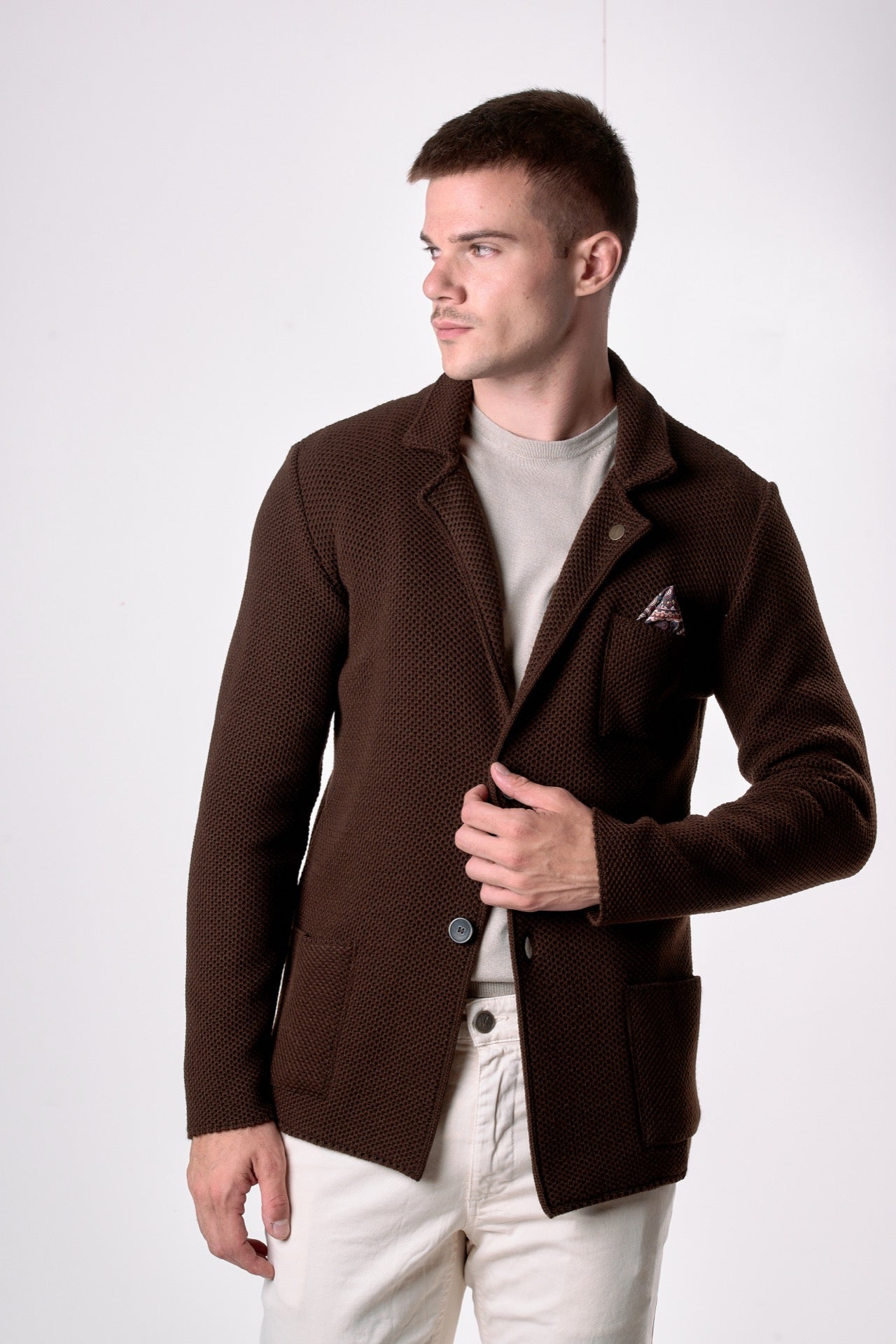 Giacca Monopetto Occhio di Pernice Moro con pochette in tessuto V2