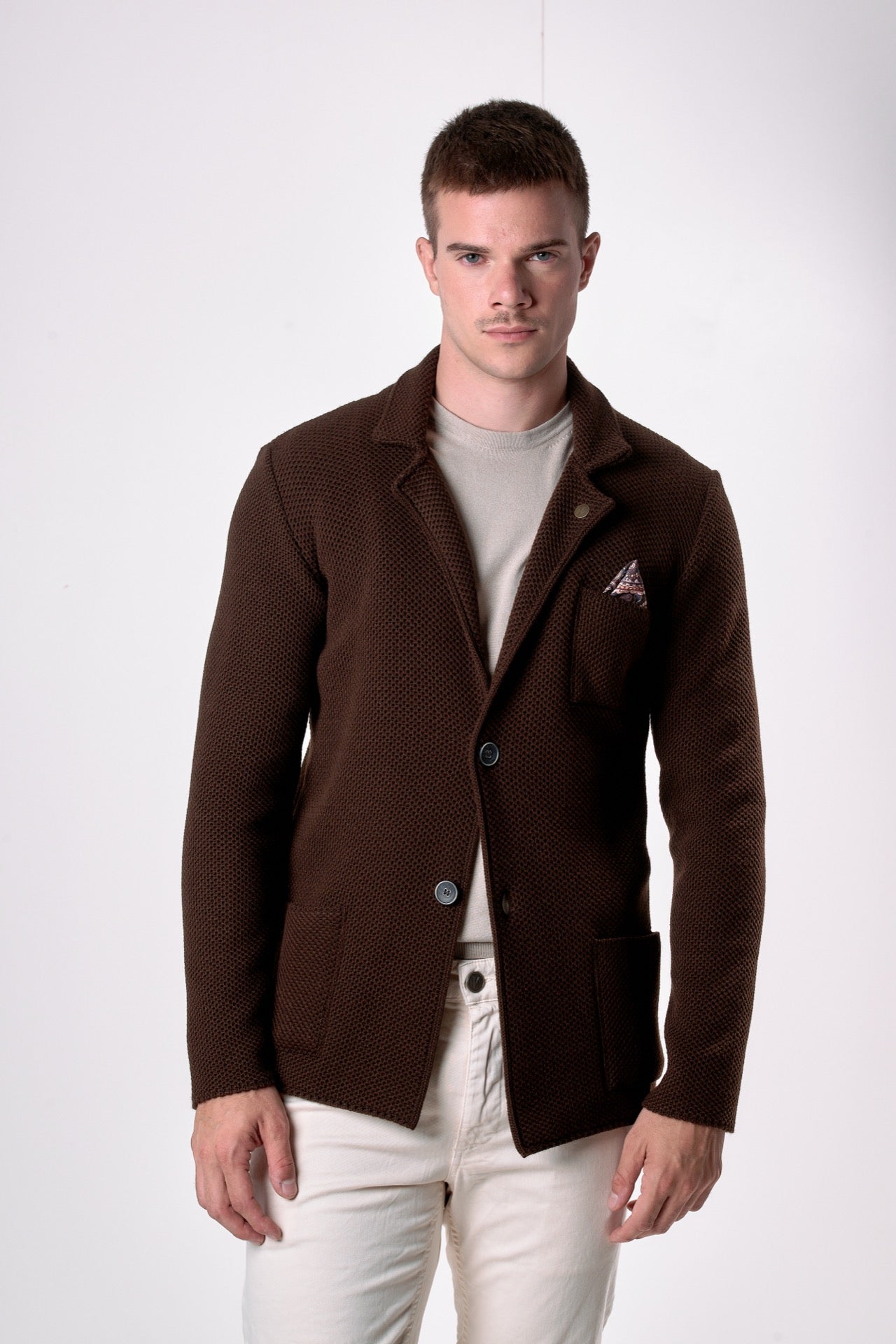 Giacca Monopetto Occhio di Pernice Moro con pochette in tessuto V2