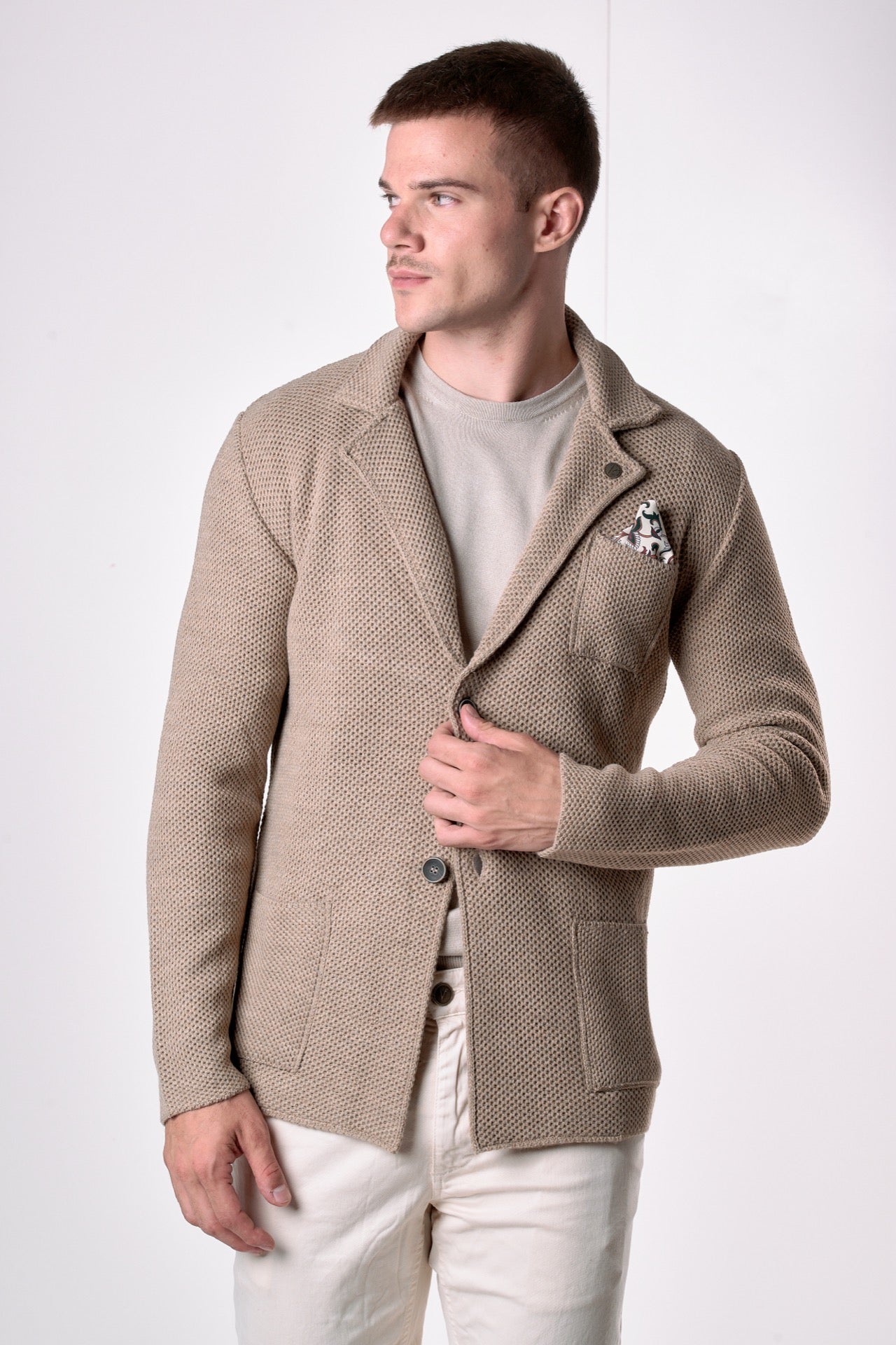 Giacca Monopetto Occhio di Pernice Tortora con pochette in tessuto V2