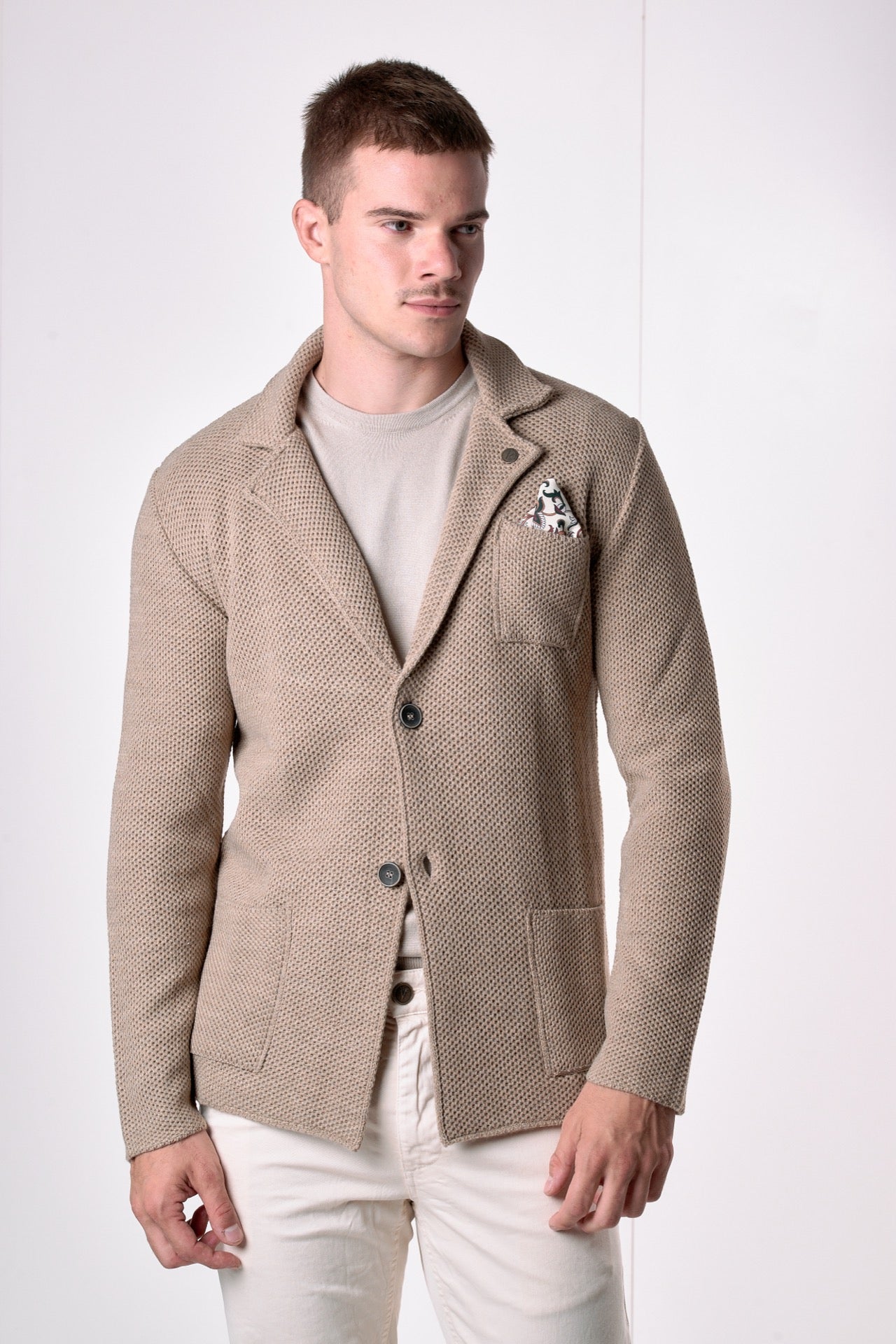 Giacca Monopetto Occhio di Pernice Tortora con pochette in tessuto V2