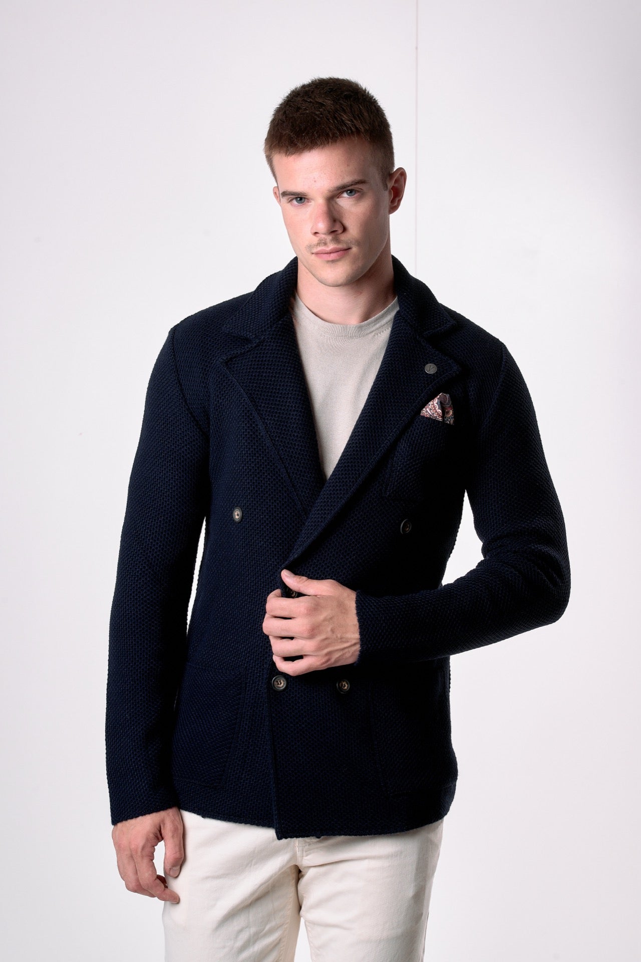 Giacca Doppiopetto Occhio di Pernice Blu con pochette in tessuto V2