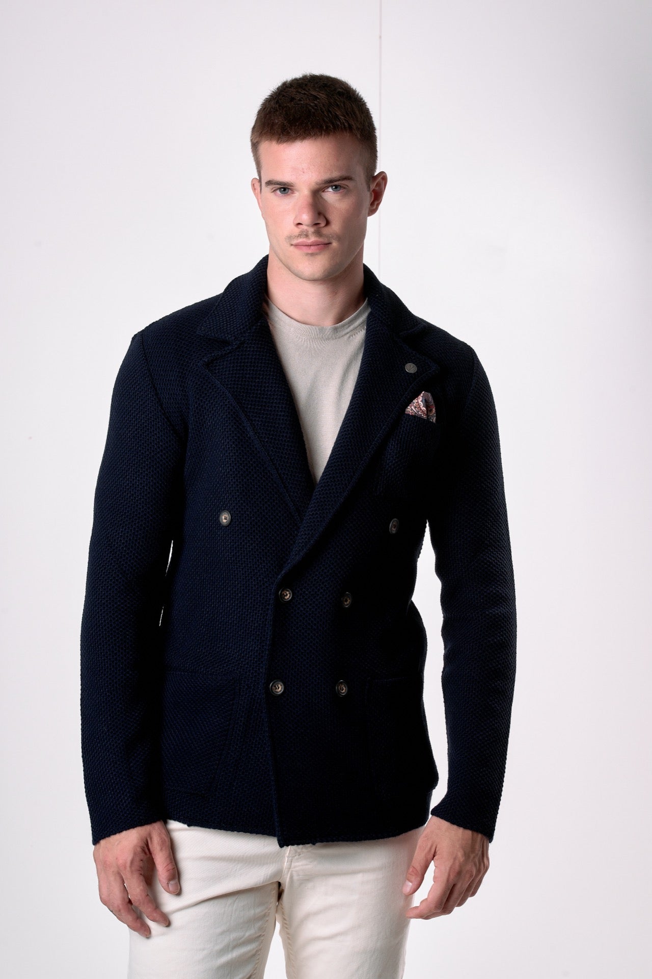 Giacca Doppiopetto Occhio di Pernice Blu con pochette in tessuto V2