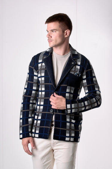 Giacca Monopetto scozzese blu con pochette in tessuto V2