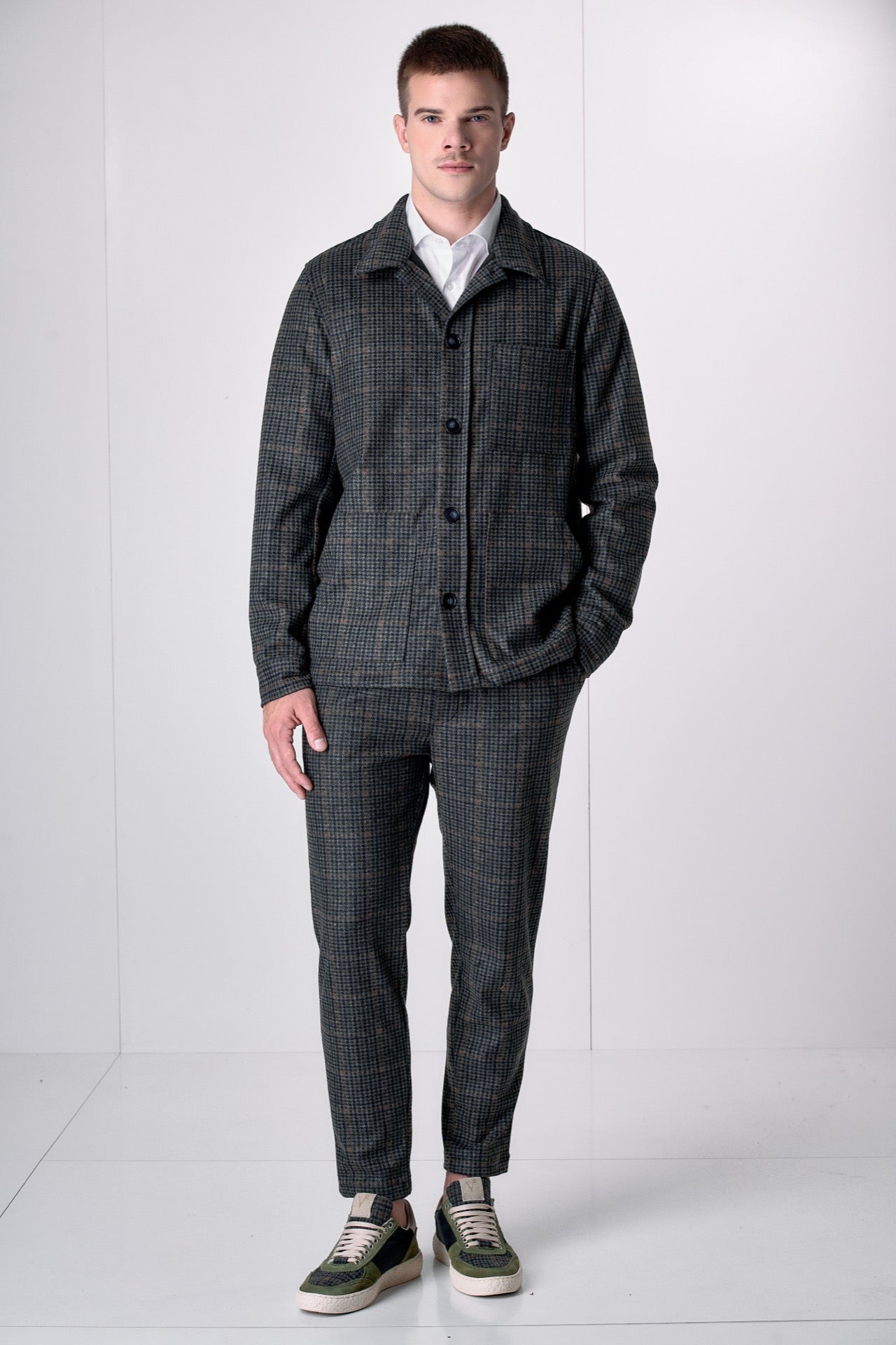 Giacca Sahariana Sartoriale Pied de Poule Verde Militare con interni in tessuto V2