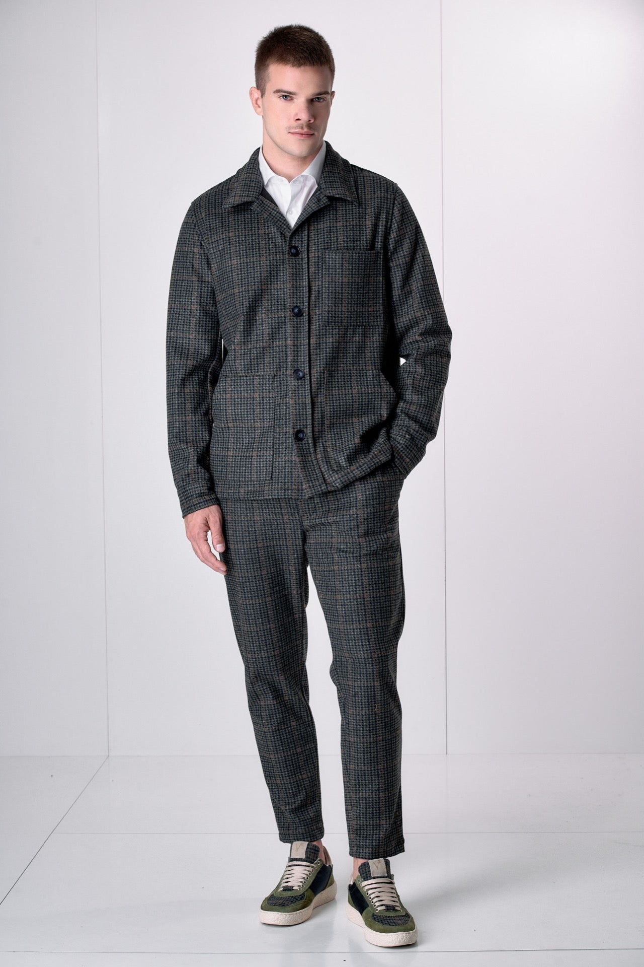 Giacca Sahariana Sartoriale Pied de Poule Verde Militare con interni in tessuto V2