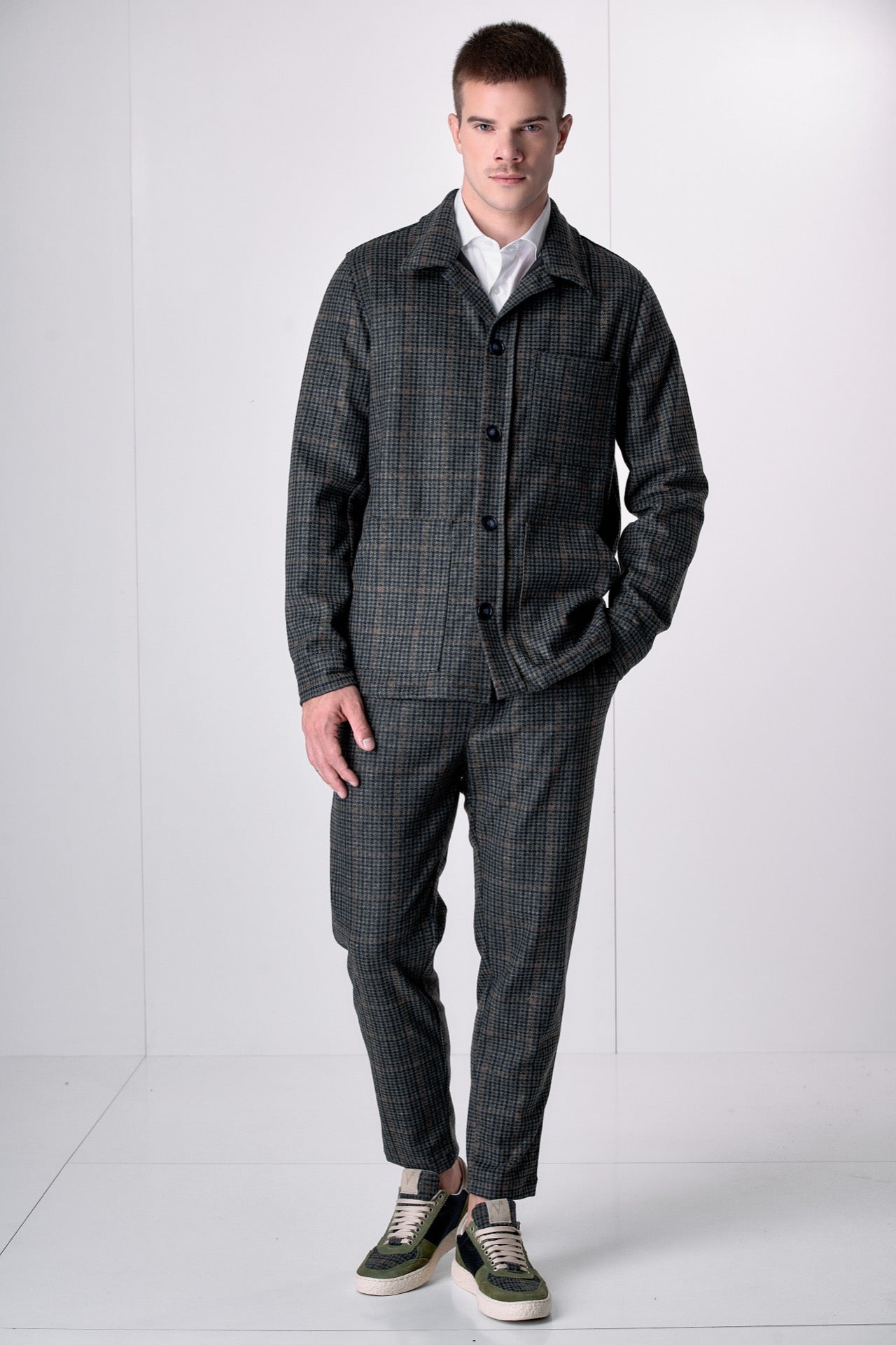 Giacca Sahariana Sartoriale Pied de Poule Verde Militare con interni in tessuto V2