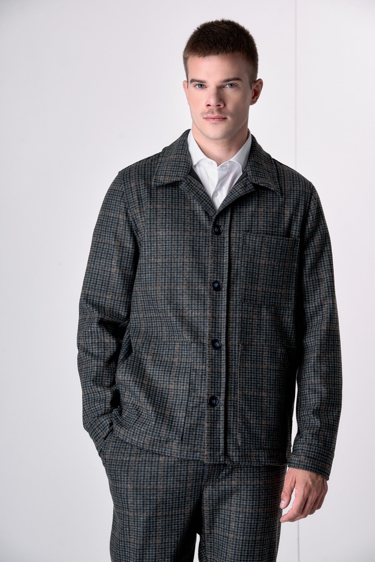 Giacca Sahariana Sartoriale Pied de Poule Verde Militare con interni in tessuto V2