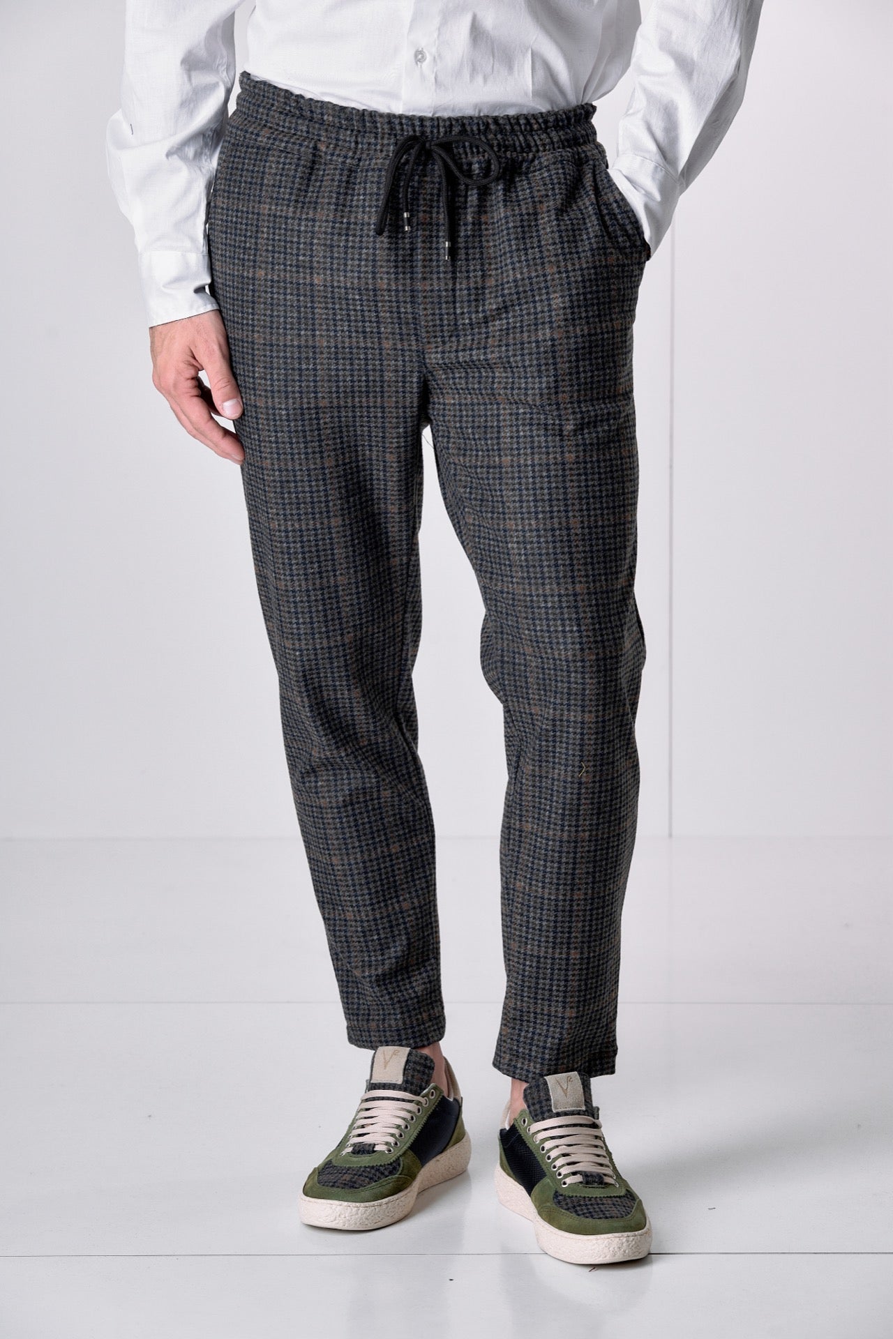 Pantalone Sartoriale Pied de Poule Verde Militare con elastico in vita e interni in tessuto V2