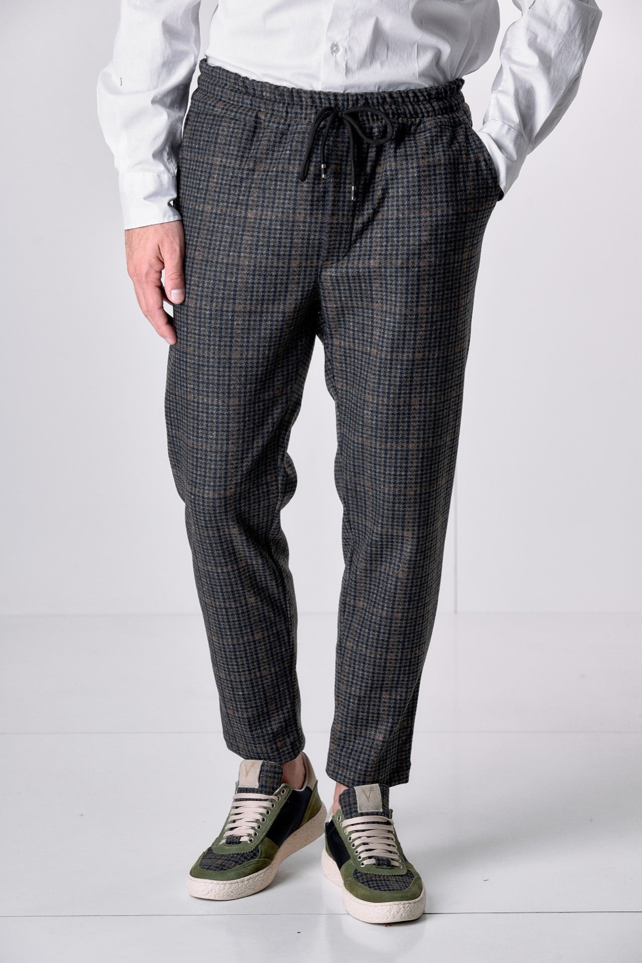 Pantalone Sartoriale Pied de Poule Verde Militare con elastico in vita e interni in tessuto V2