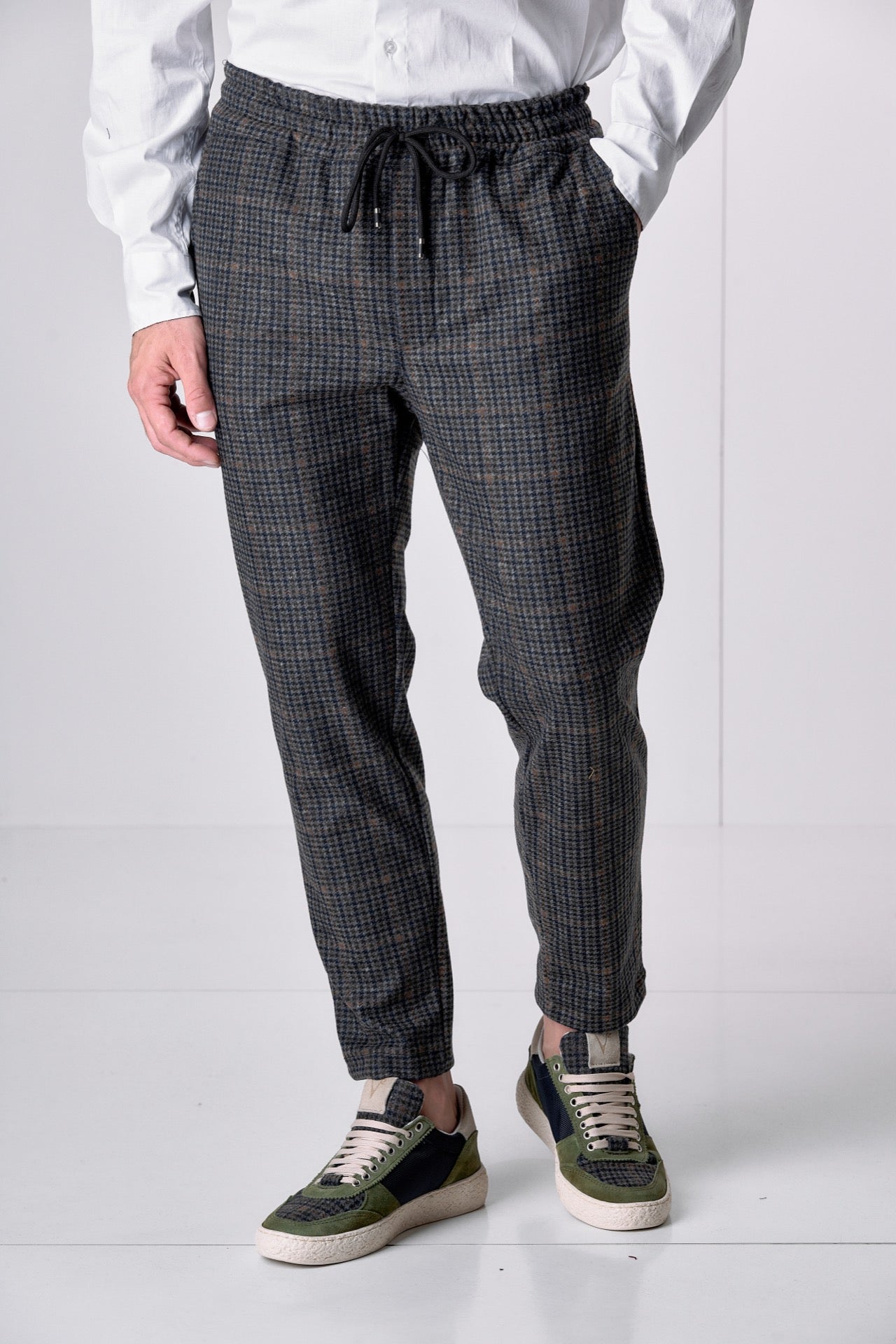 Pantalone Sartoriale Pied de Poule Verde Militare con elastico in vita e interni in tessuto V2