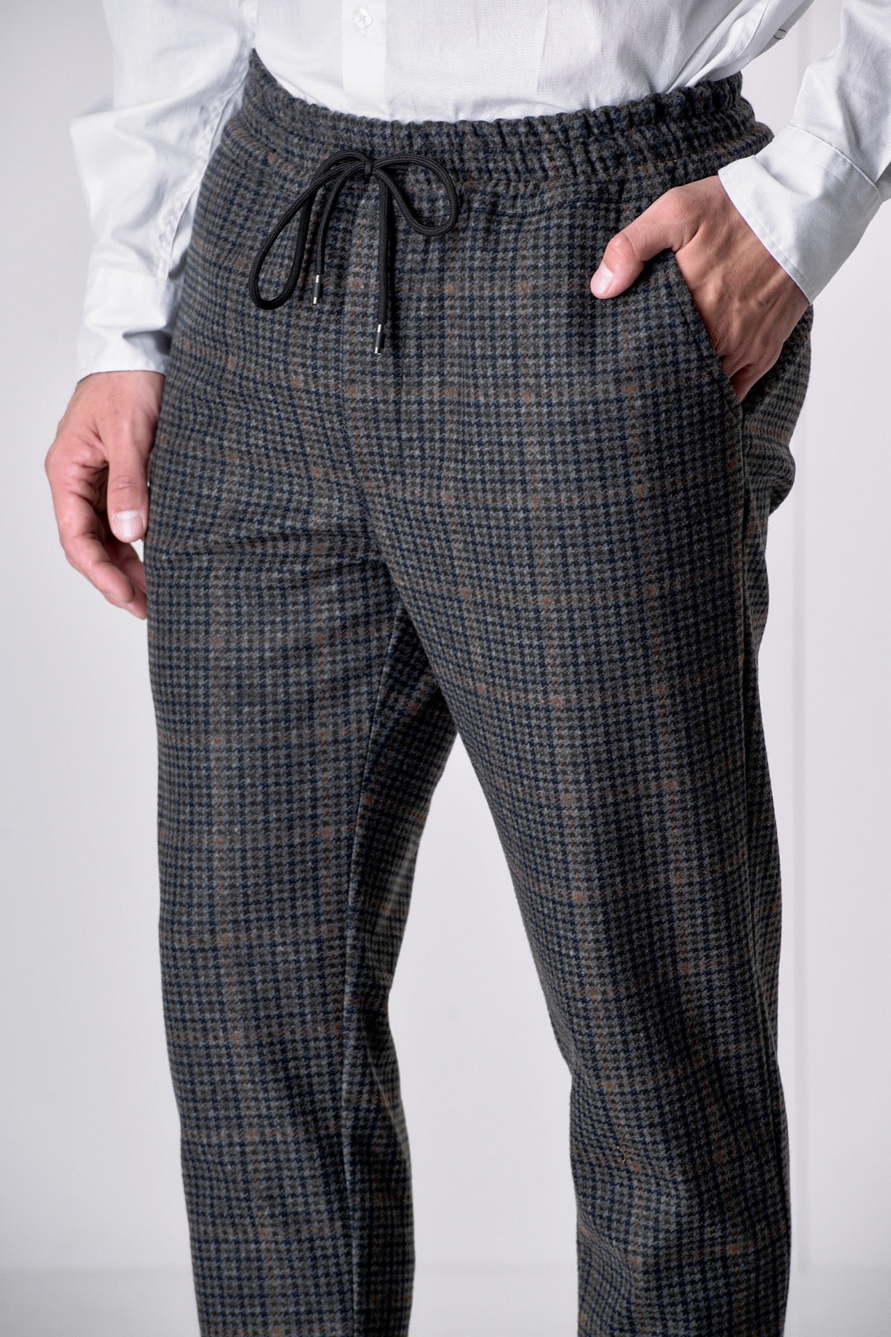 Pantalone Sartoriale Pied de Poule Verde Militare con elastico in vita e interni in tessuto V2