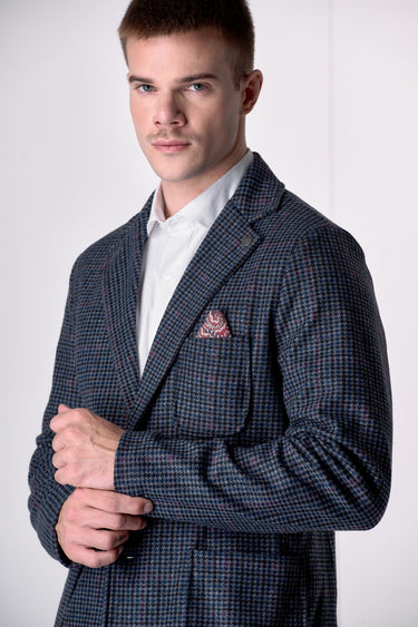 Giacca Monopetto Sartoriale Pied de Poule Blu e Bordeaux con interni e pochette in tessuto V2