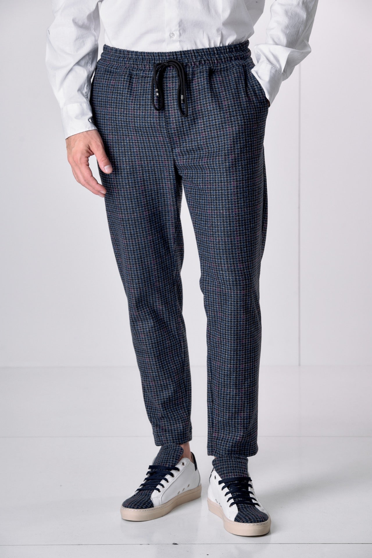 Pantalone Sartoriale Pied de Poule Blu Bordeaux con elastico in vita e interni in tessuto V2