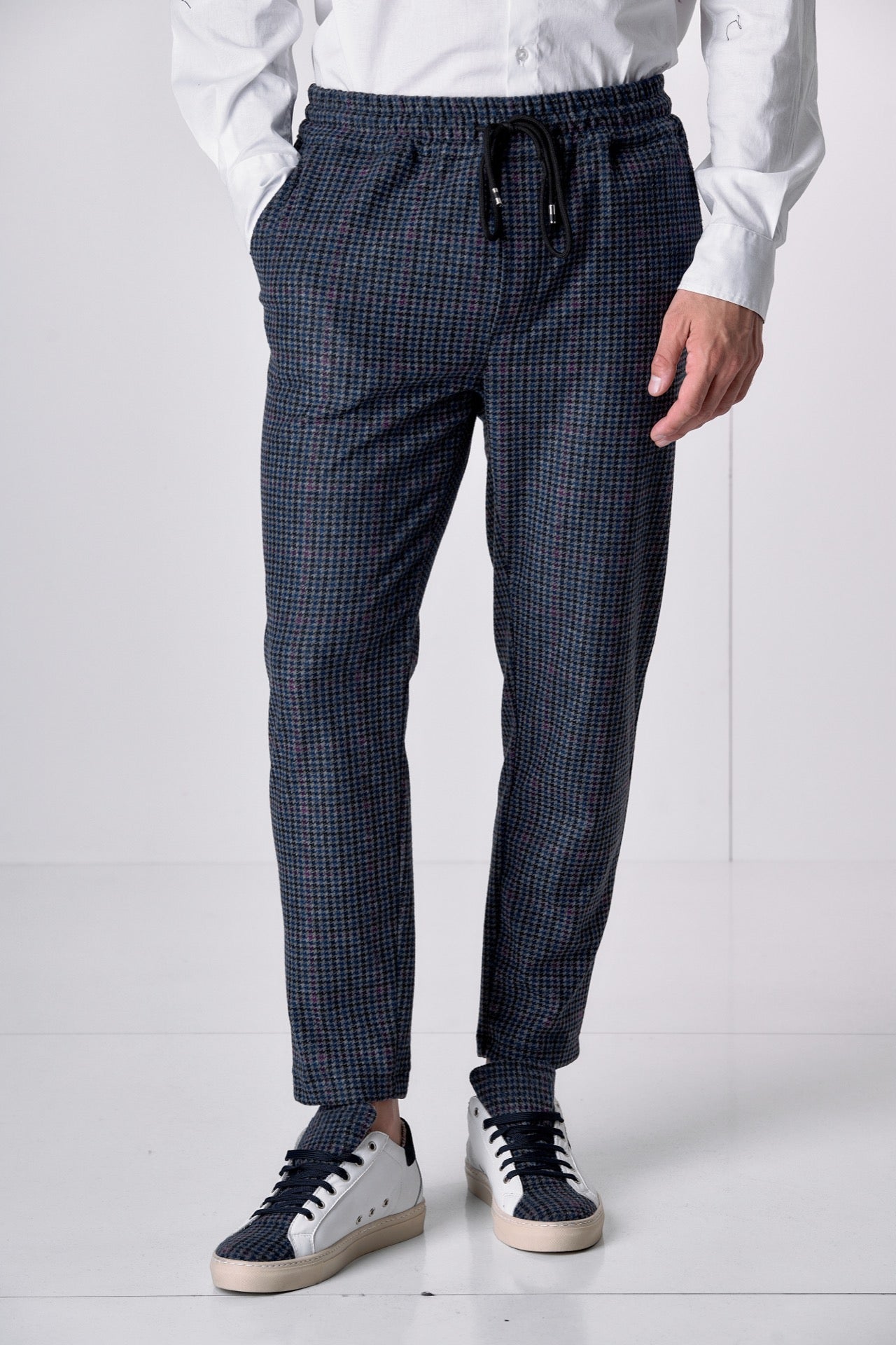 Pantalone Sartoriale Pied de Poule Blu Bordeaux con elastico in vita e interni in tessuto V2