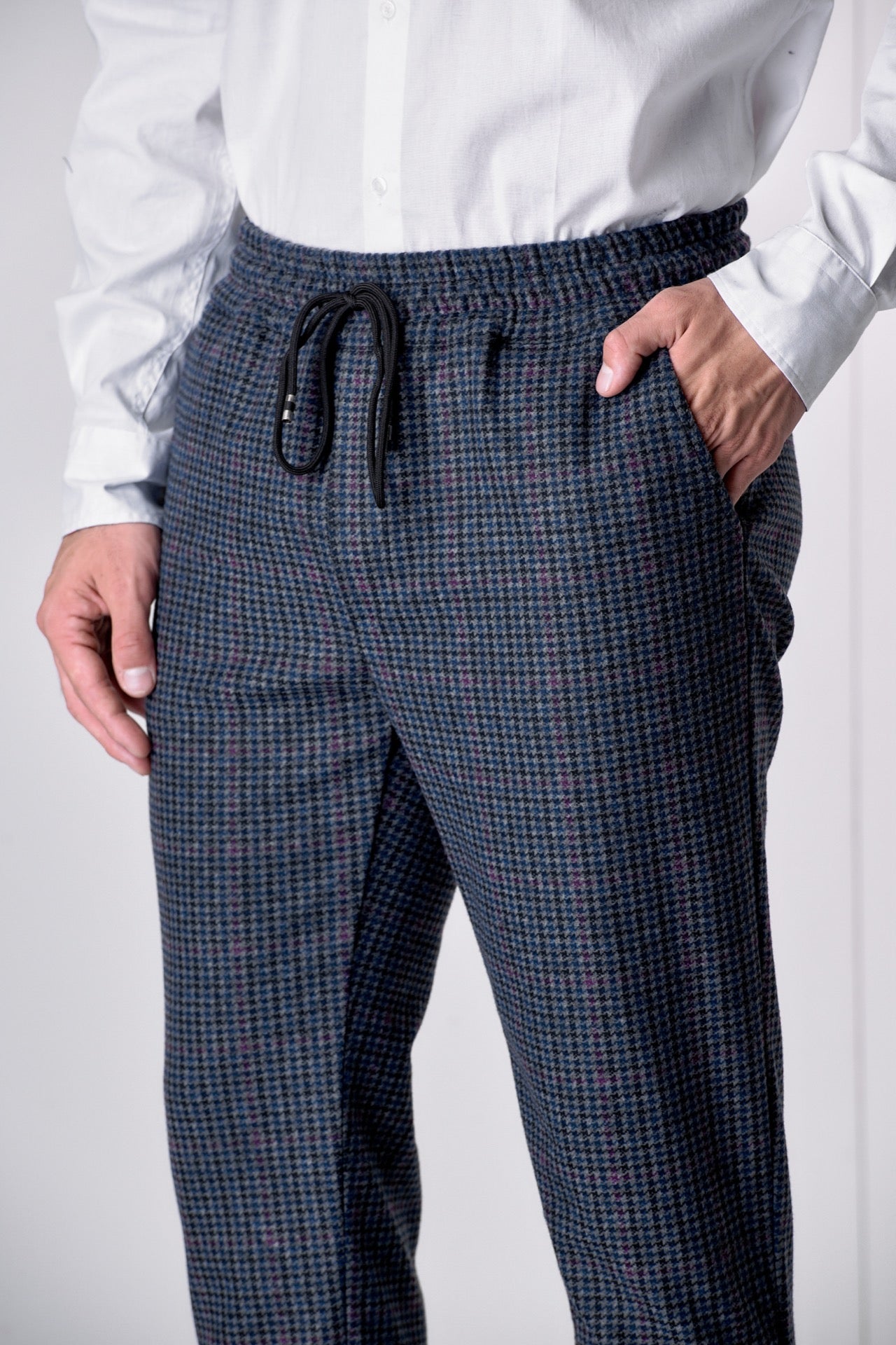 Pantalone Sartoriale Pied de Poule Blu Bordeaux con elastico in vita e interni in tessuto V2