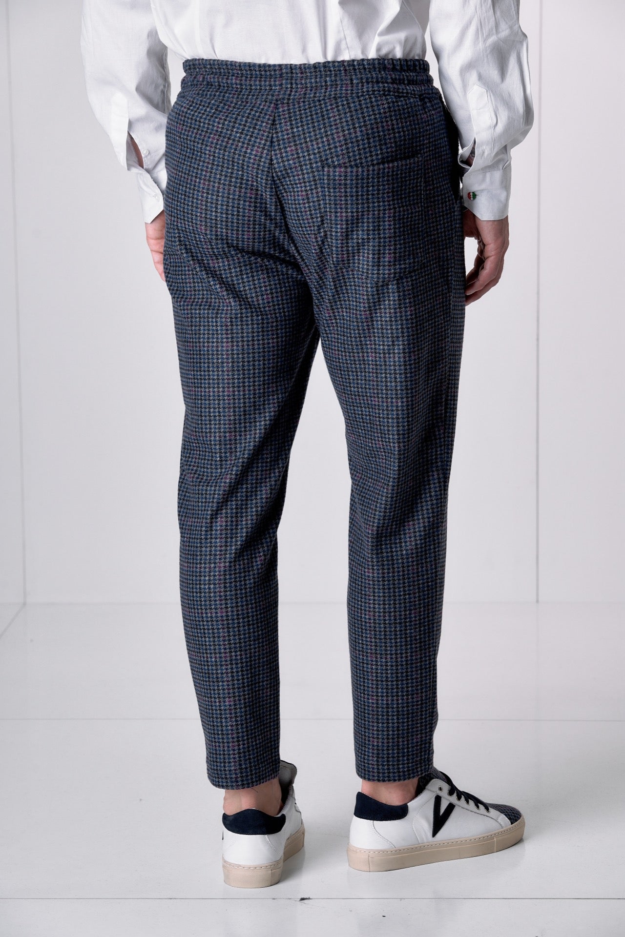 Pantalone Sartoriale Pied de Poule Blu Bordeaux con elastico in vita e interni in tessuto V2