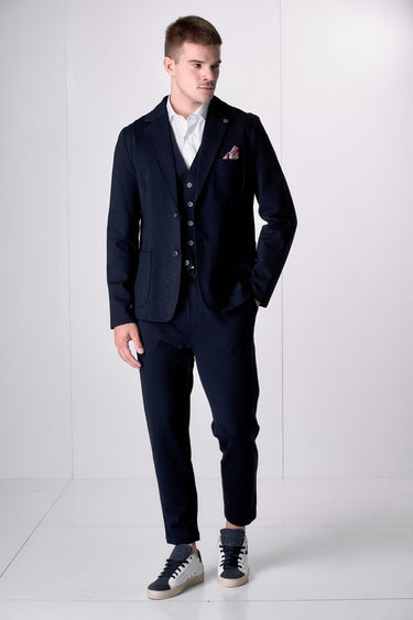 Giacca Monopetto Sartoriale Blu con interni e pochette in tessuto V2